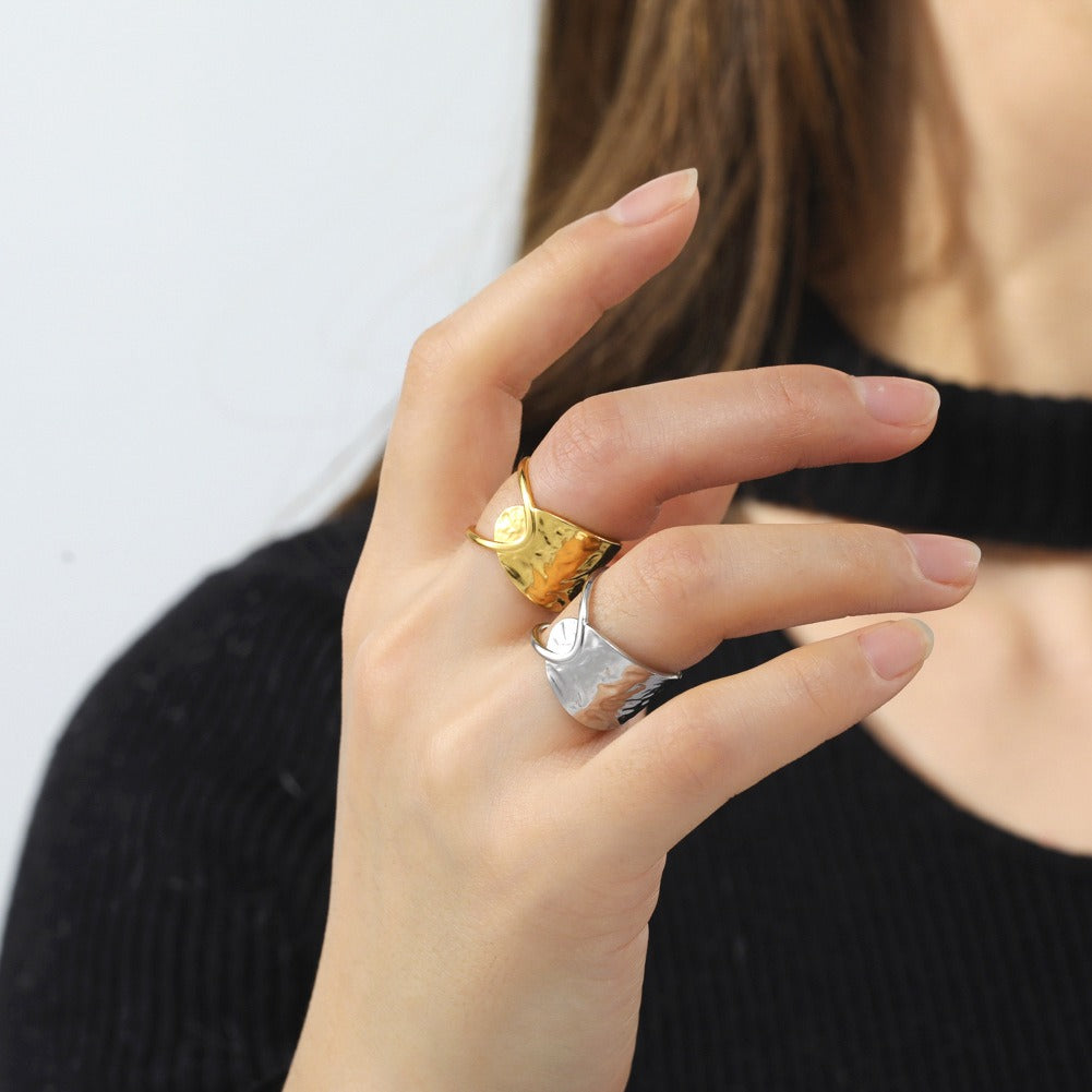 Bague ouverte double courbe élégante, acier inoxydable