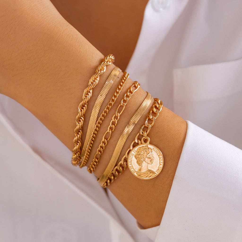 Set de bracelets pendentif rond, chaîne serpent