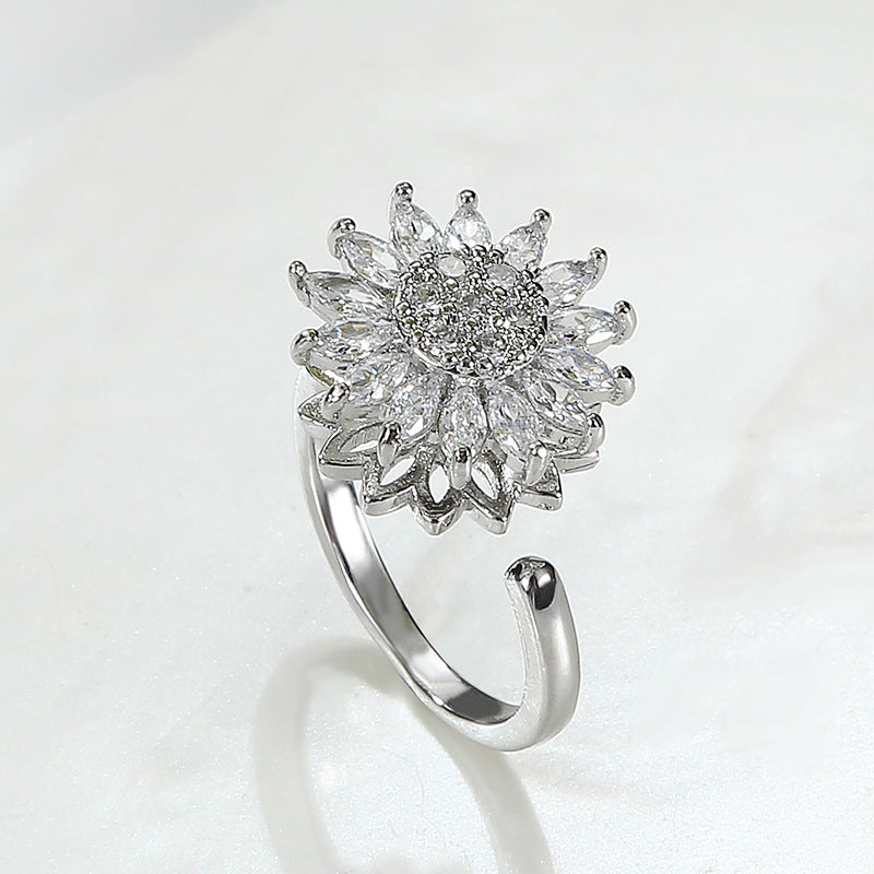 Bague ouverte tournesol rotative, zircon