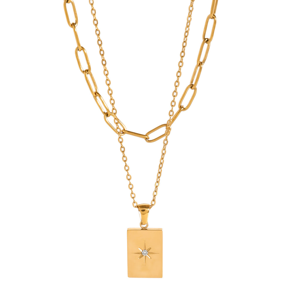 Collier double rang pendentifs étoile et carré, acier inoxydable