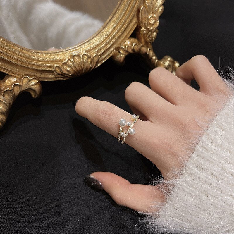 Bague perle double rang ajustable