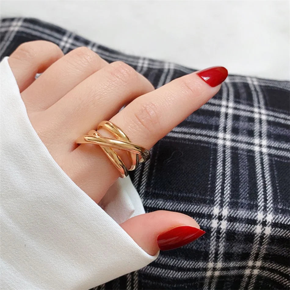 Bague large croisée multi-rangs, acier inoxydable