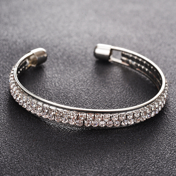 Bracelet ouvert 2 rangs sertis, or rose et argent