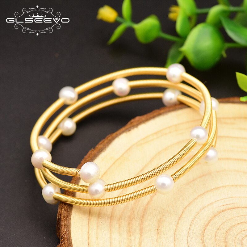 Bracelet jonc multi-rangs ajustable, perle d'eau douce, fait main