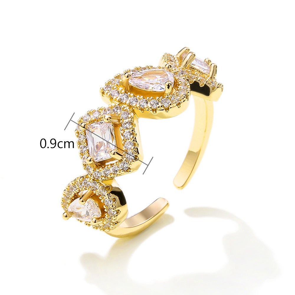 Bague ouverte carrée goutte zircon, style rétro
