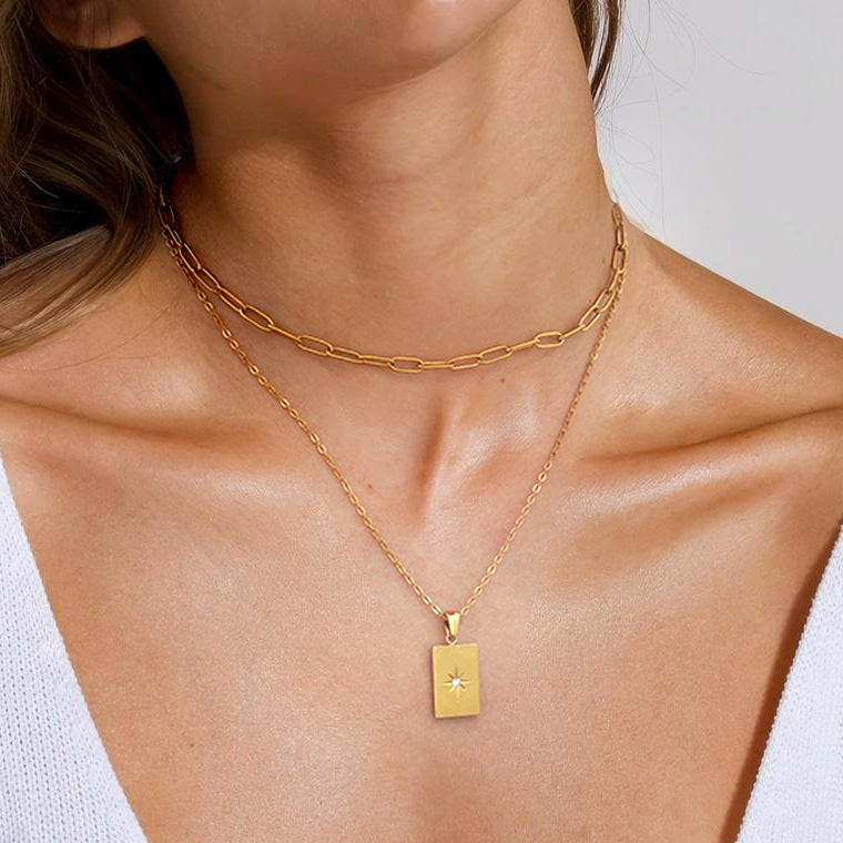 Collier double rang pendentifs étoile et carré, acier inoxydable