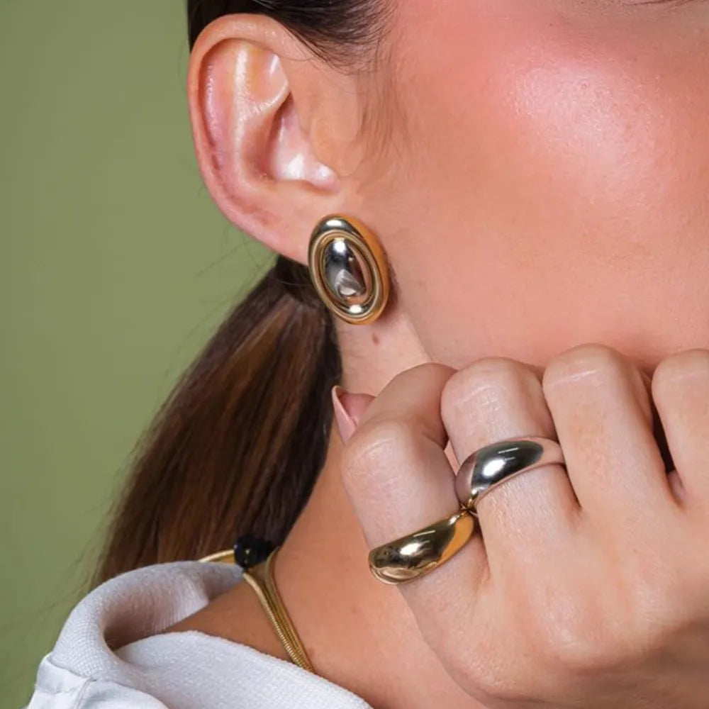 Boucles d'oreilles ovales bicolores, acier titane