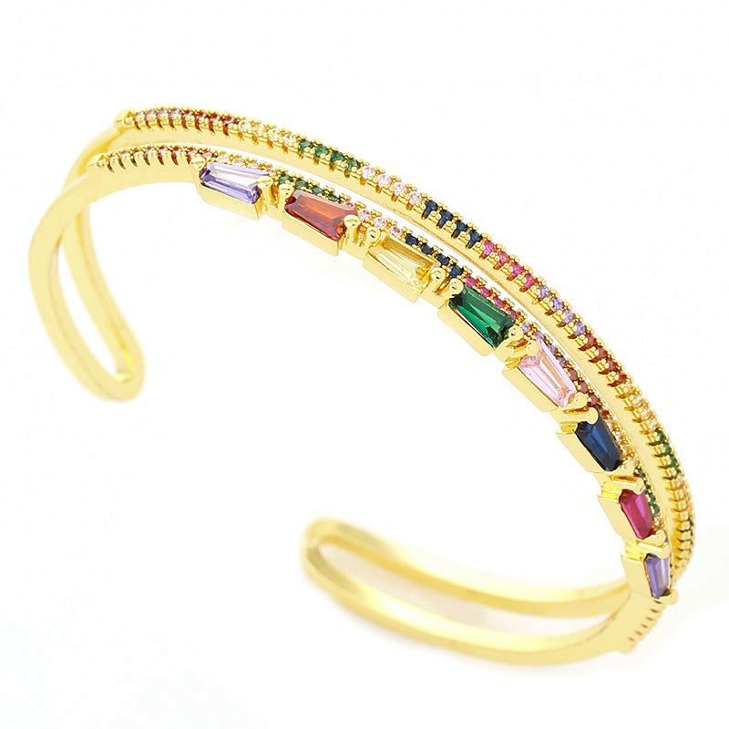Bracelet ouvert double rang ajouré, zircon coloré