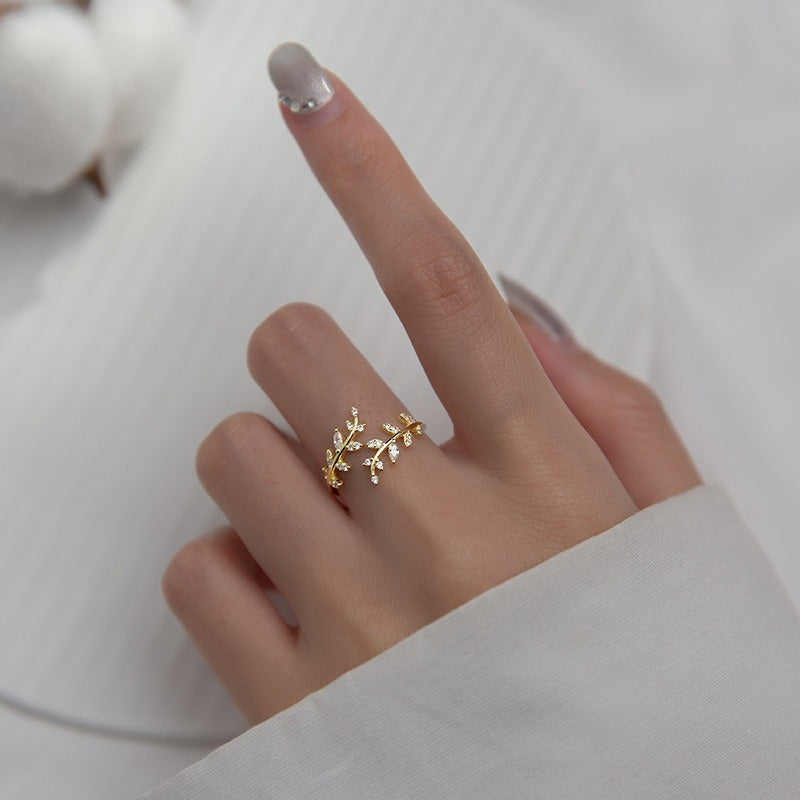 Bague ouverte branche et feuille zircon, argent 925