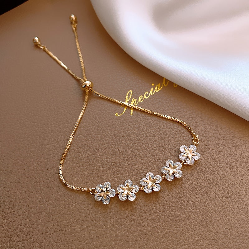 Bracelet fleur zircon ajustable, style coréen