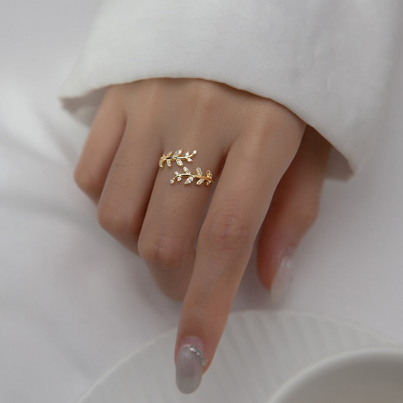 Bague ouverte branche et feuille zircon, argent 925