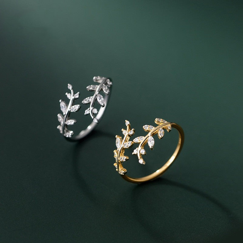 Bague ouverte branche et feuille zircon, argent 925