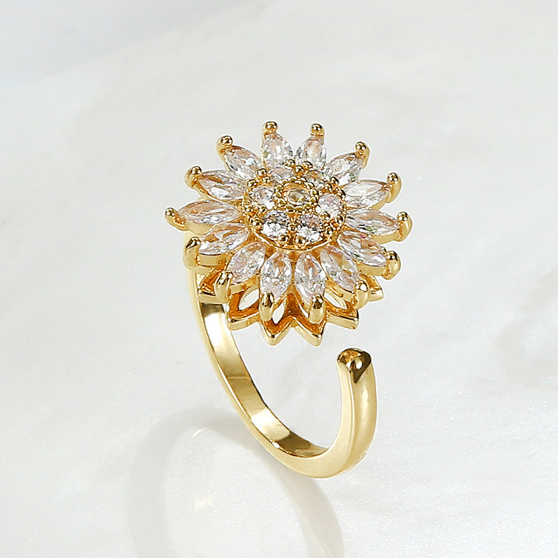 Bague ouverte tournesol rotative, zircon