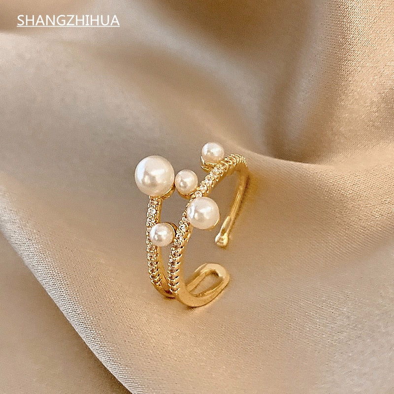 Bague perle double rang ajustable
