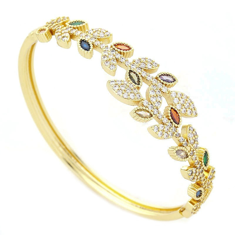Bracelet feuille zircon coloré, cuivre