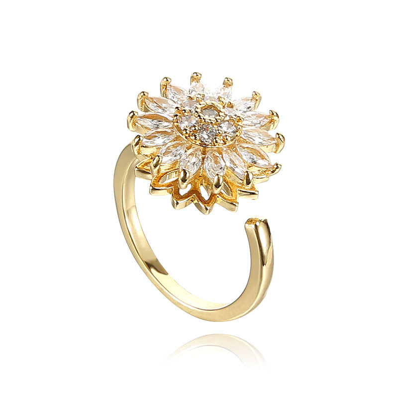 Bague ouverte tournesol rotative, zircon