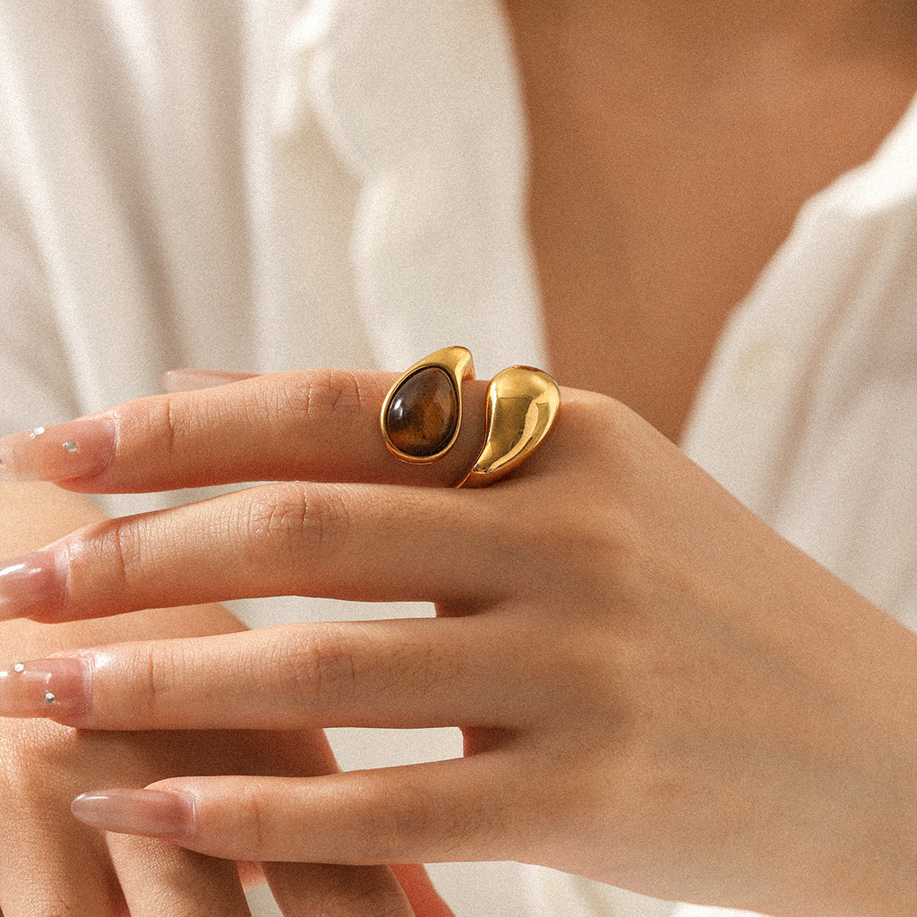 Bague goutte œil de tigre, acier inoxydable