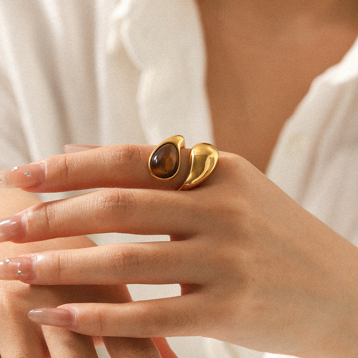 Bague goutte œil de tigre, acier inoxydable