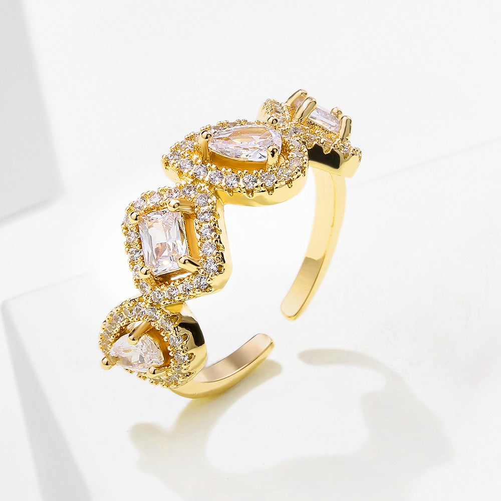 Bague ouverte carrée goutte zircon, style rétro