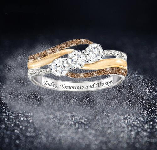 Bague de mariage bicolore, lettre personnalisée sertie de cristaux
