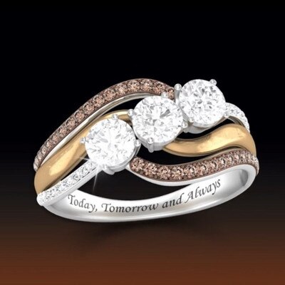 Bague de mariage bicolore, lettre personnalisée sertie de cristaux