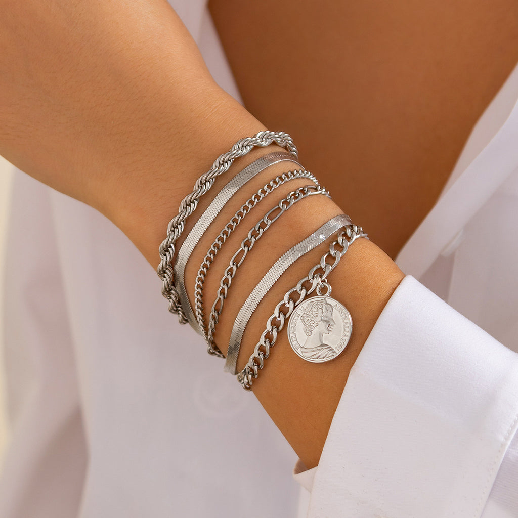 Set de bracelets pendentif rond, chaîne serpent
