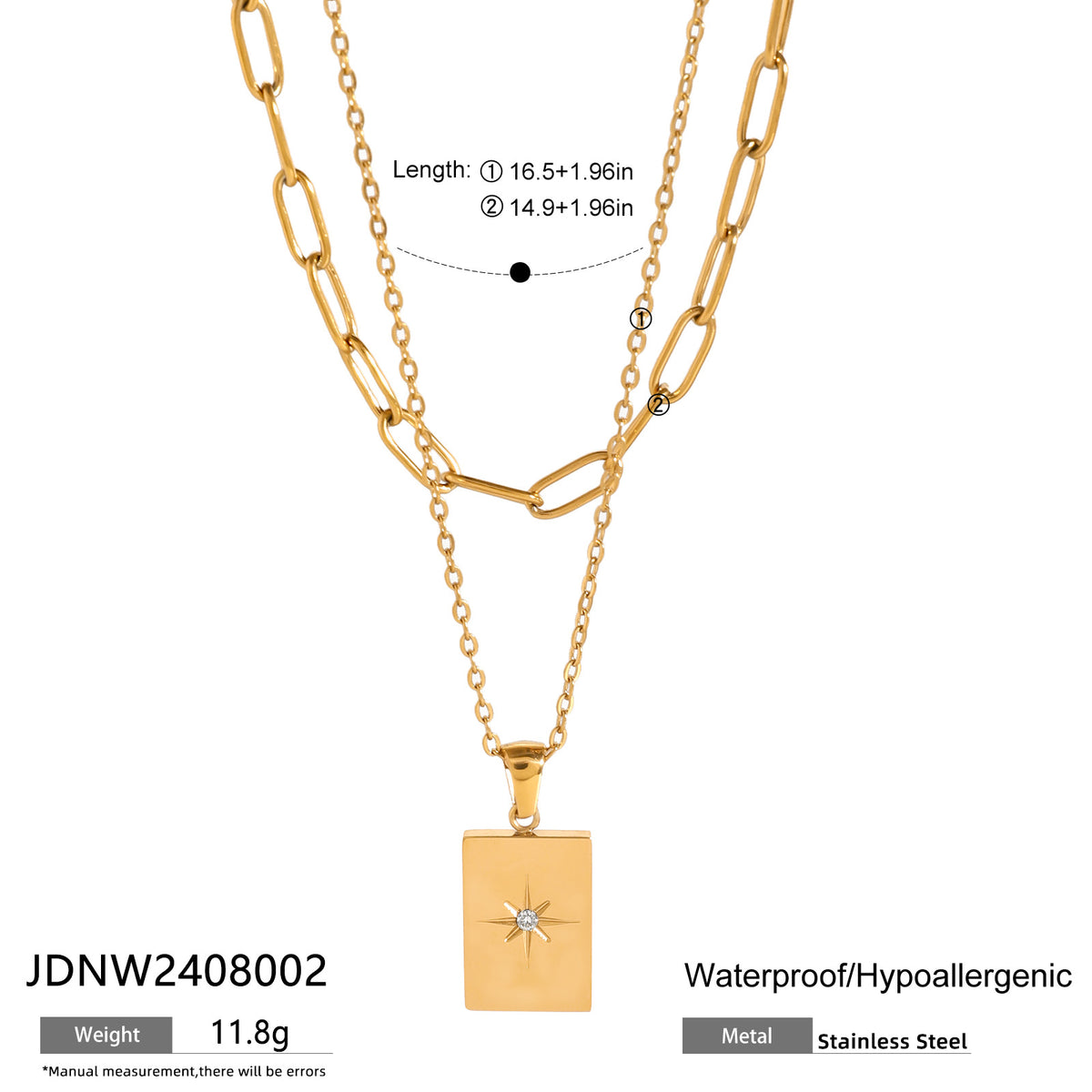 Collier double rang pendentifs étoile et carré, acier inoxydable