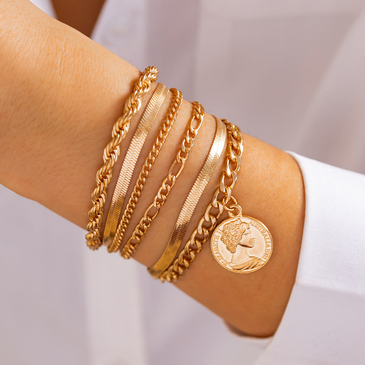 Set de bracelets pendentif rond, chaîne serpent