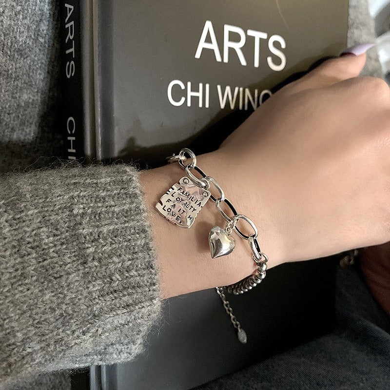 Bracelet frangé cœur rétro, argent 925
