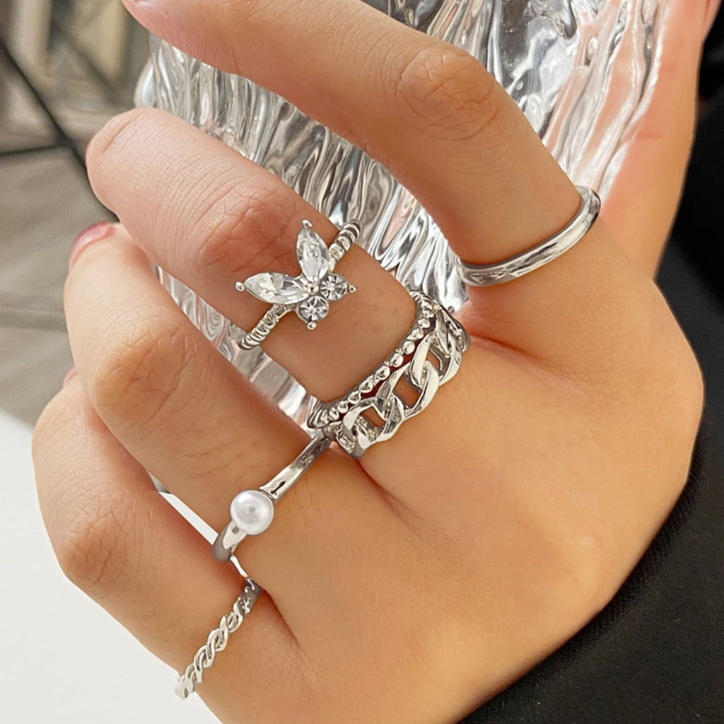 Set de 5 bagues papillon rétro, perles et zircons