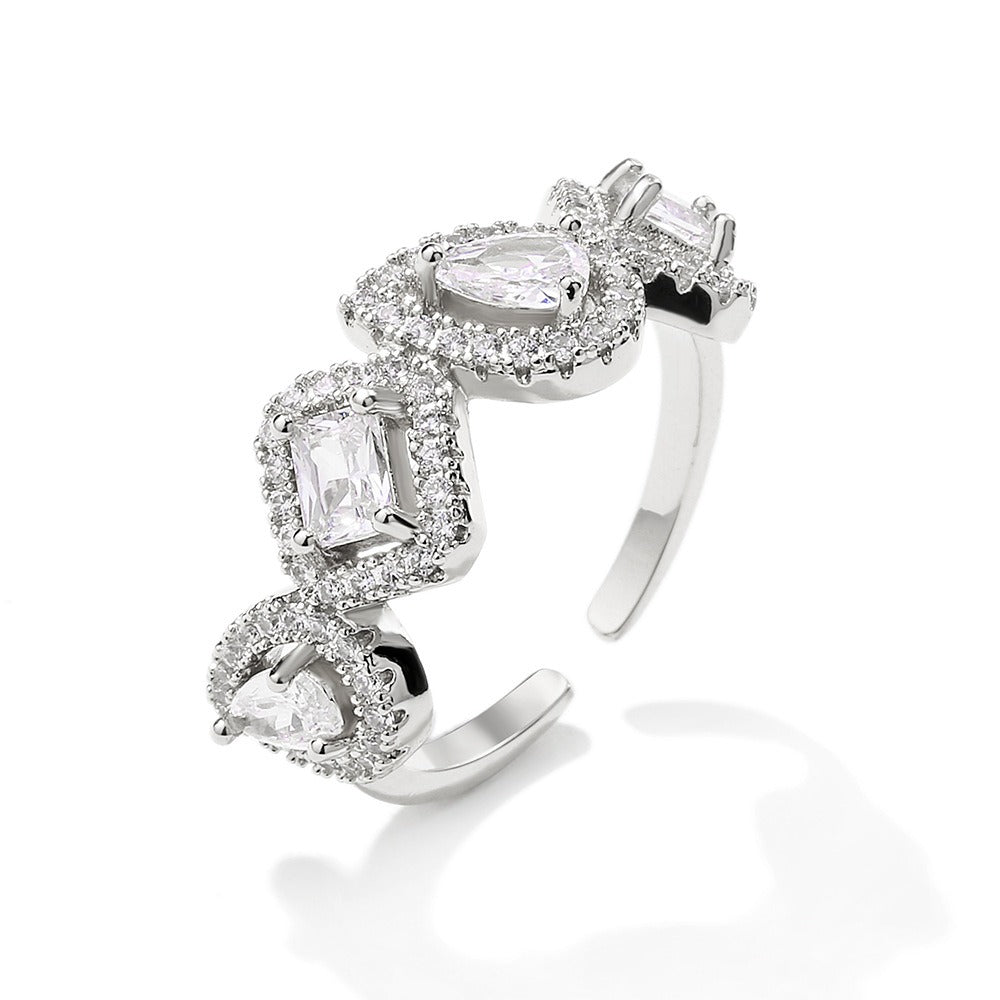 Bague ouverte carrée goutte zircon, style rétro