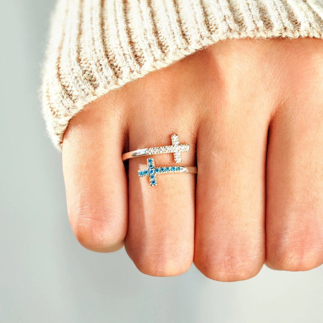 Bague ouverte croix double zircon bleu et blanc