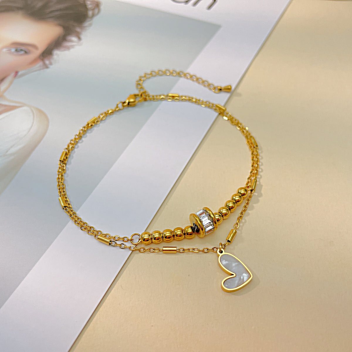 Bracelet de cheville double rang cœur, style bohème