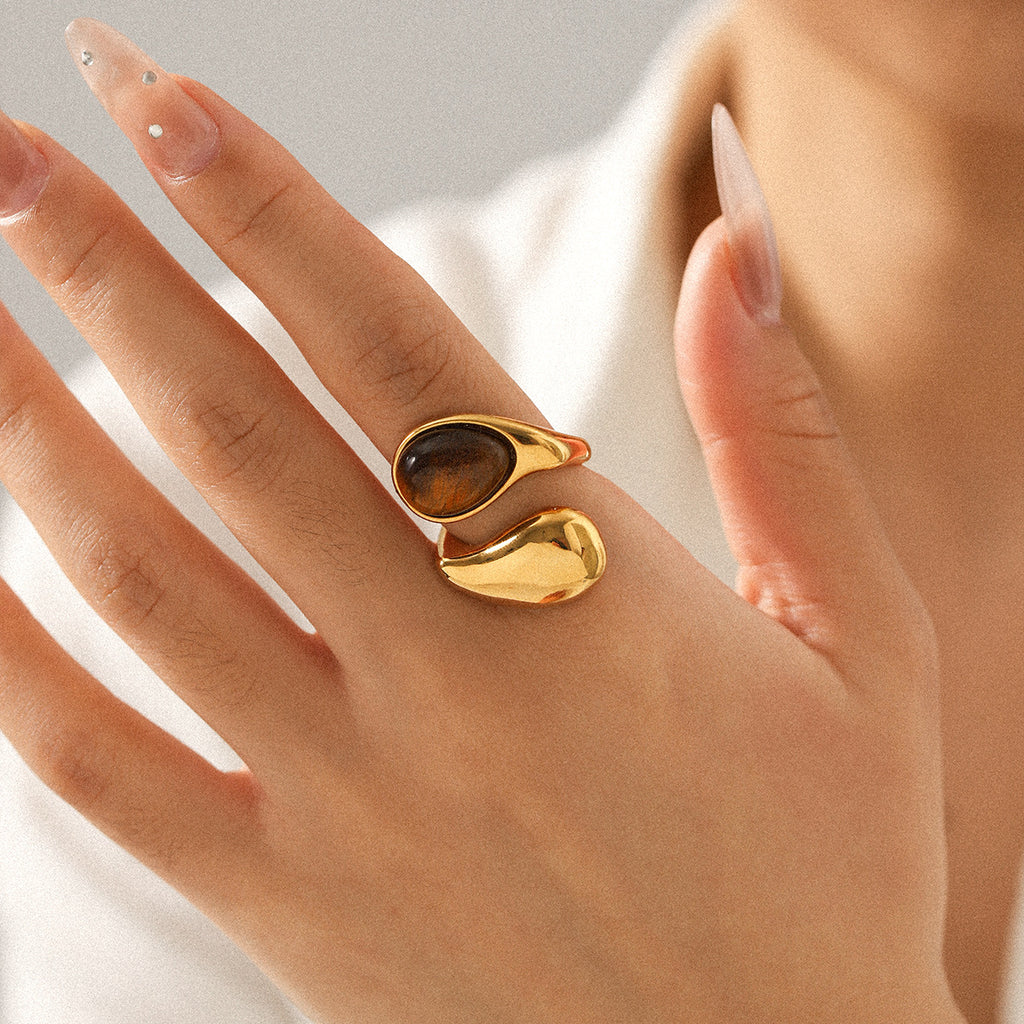 Bague goutte œil de tigre, acier inoxydable