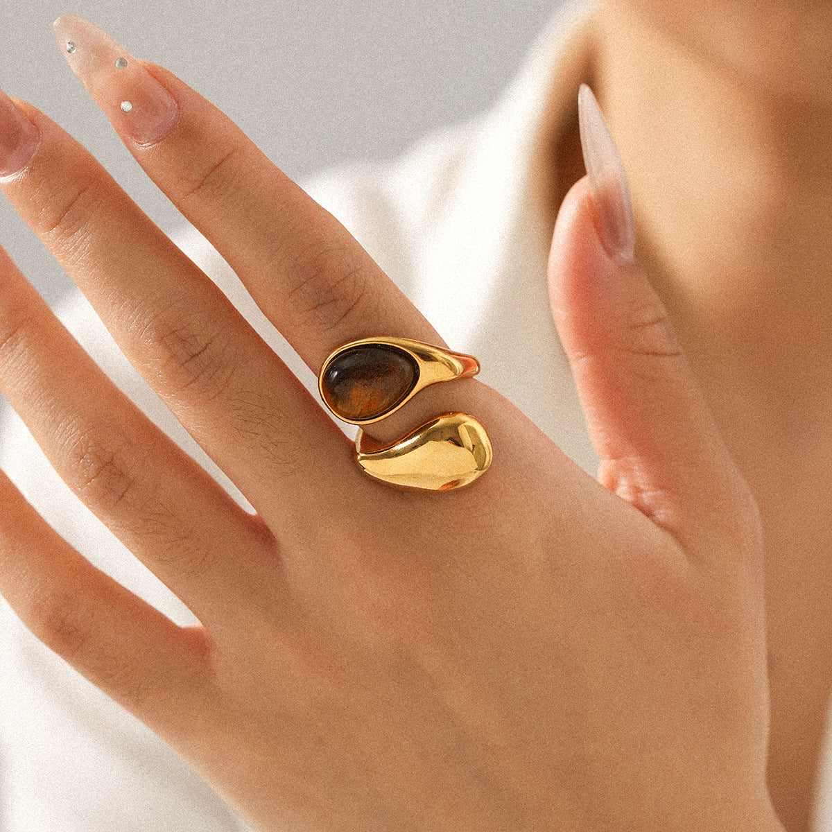 Bague goutte œil de tigre, acier inoxydable