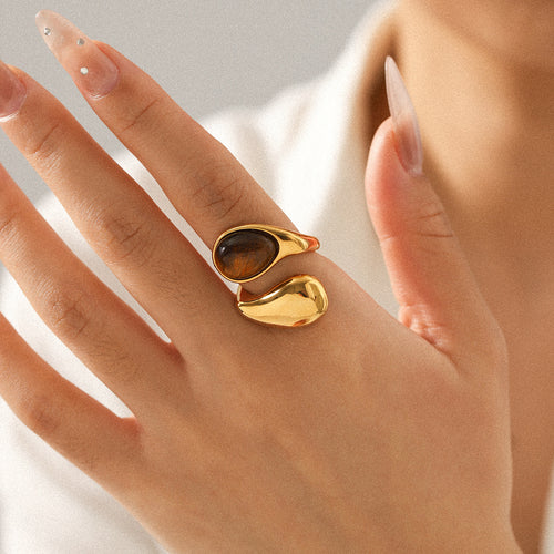 Bague goutte œil de tigre, acier inoxydable