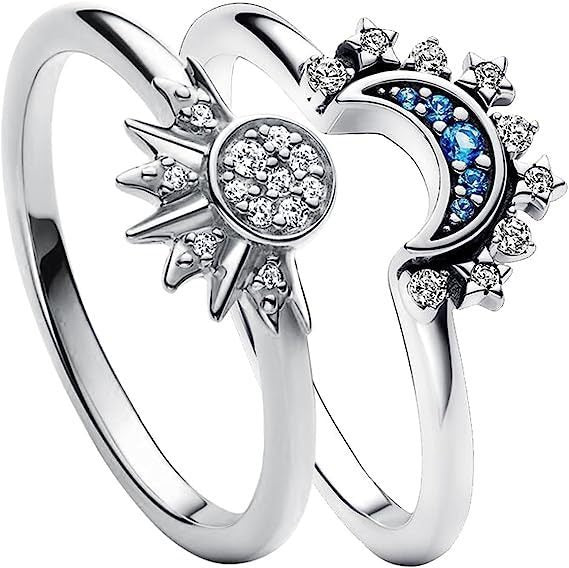 Set de bagues couple soleil et lune, zircon bleu