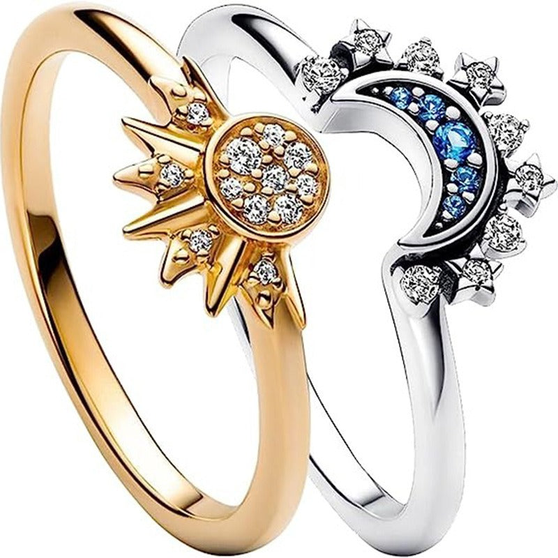 Set de bagues couple soleil et lune, zircon bleu