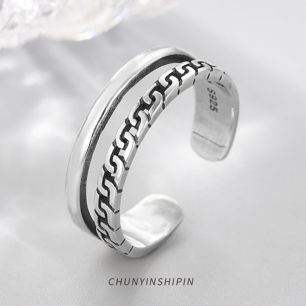 Bague ouverte double rang rétro, argent 925