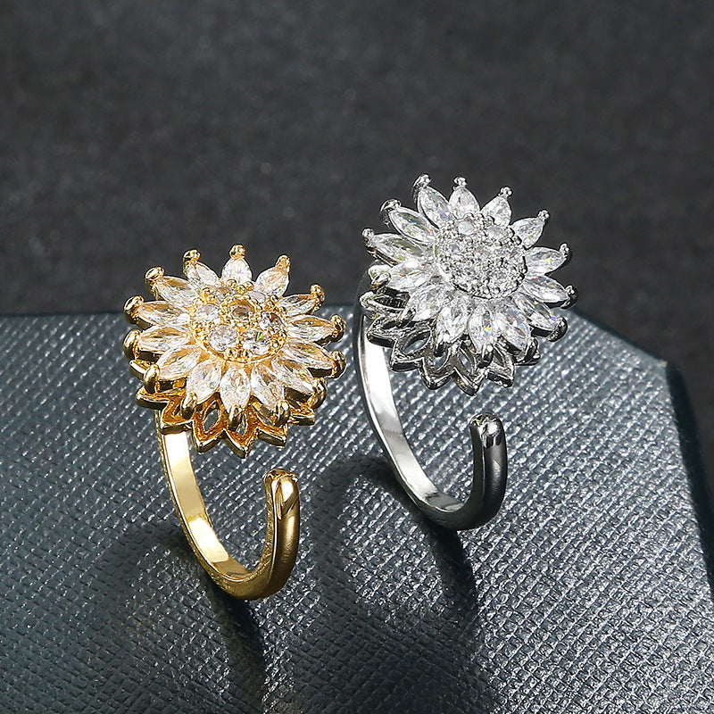 Bague ouverte tournesol rotative, zircon