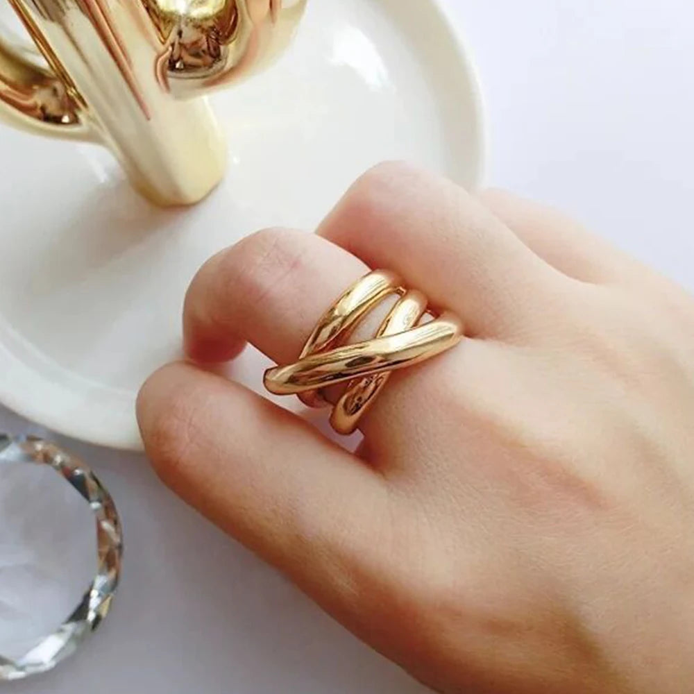 Bague large croisée multi-rangs, acier inoxydable