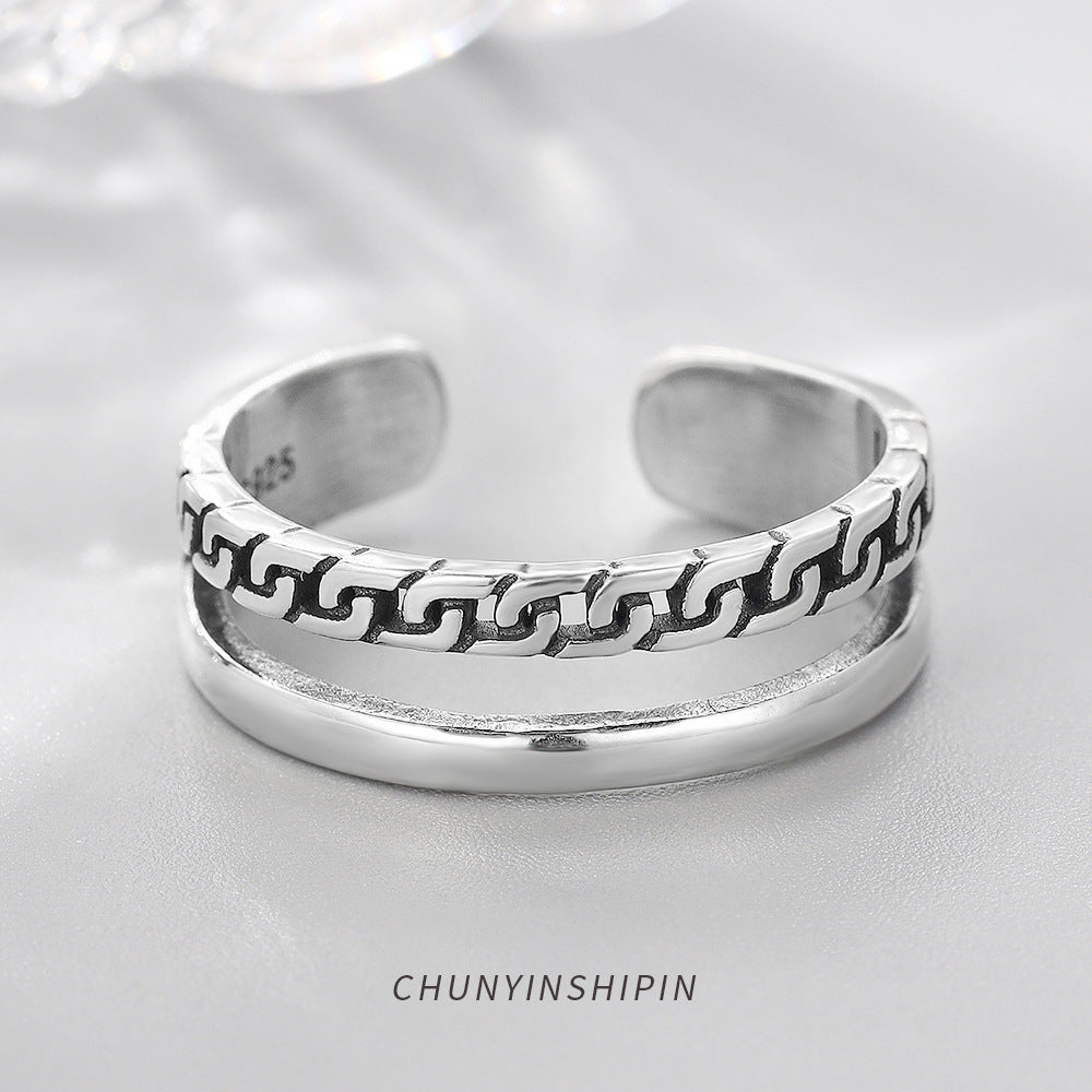 Bague ouverte double rang rétro, argent 925