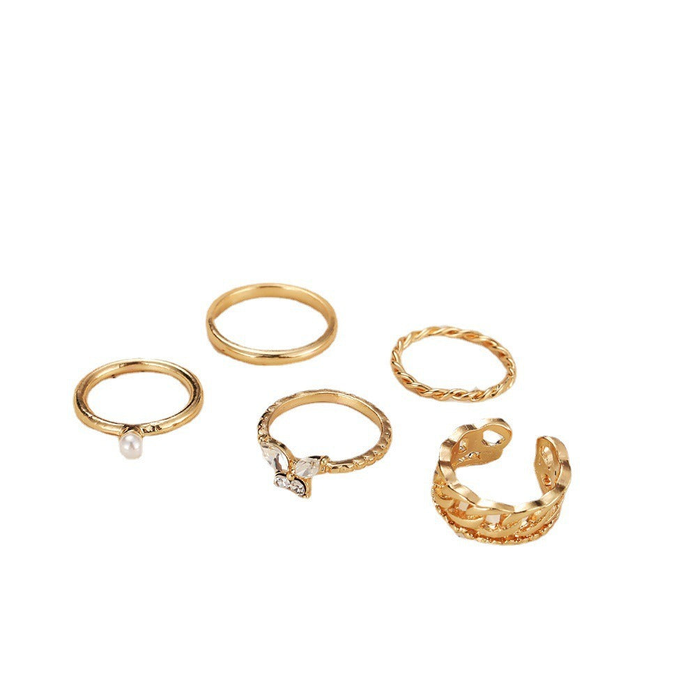 Set de 5 bagues papillon rétro, perles et zircons