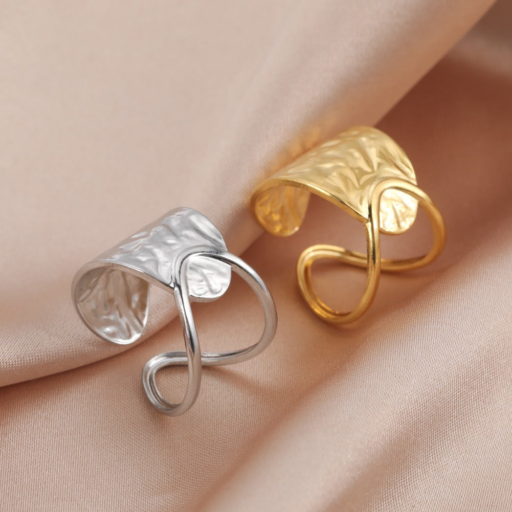 Bague ouverte double courbe élégante, acier inoxydable
