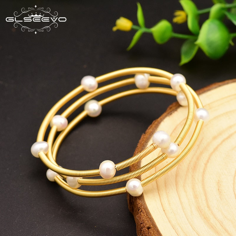 Bracelet jonc multi-rangs ajustable, perle d'eau douce, fait main