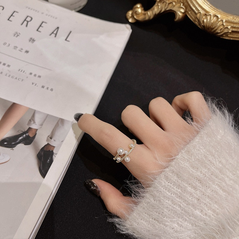 Bague perle double rang ajustable