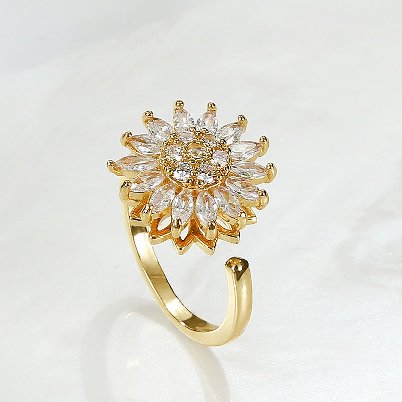 Bague ouverte tournesol rotative, zircon