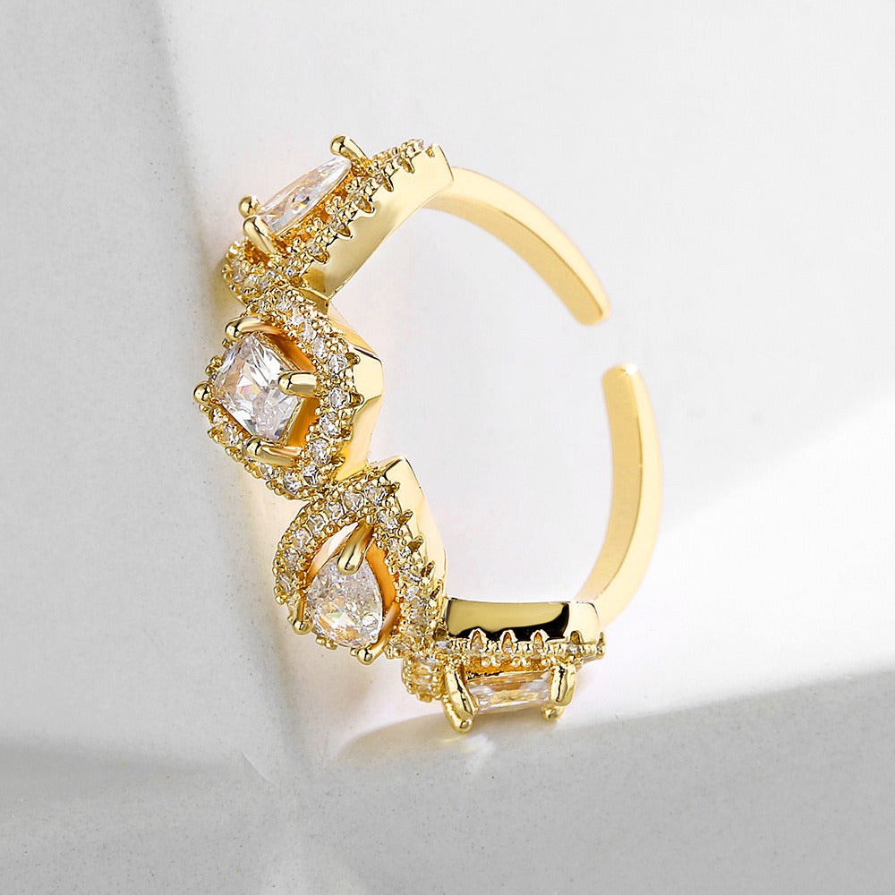 Bague ouverte carrée goutte zircon, style rétro