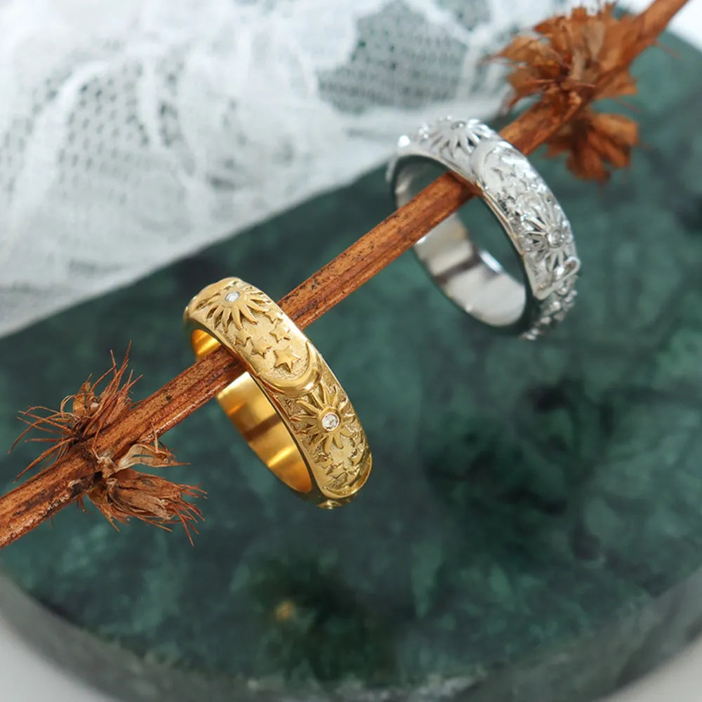 Bague étoile et lune zircon, acier titane