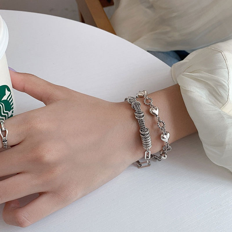Bracelet frangé cœur rétro, argent 925